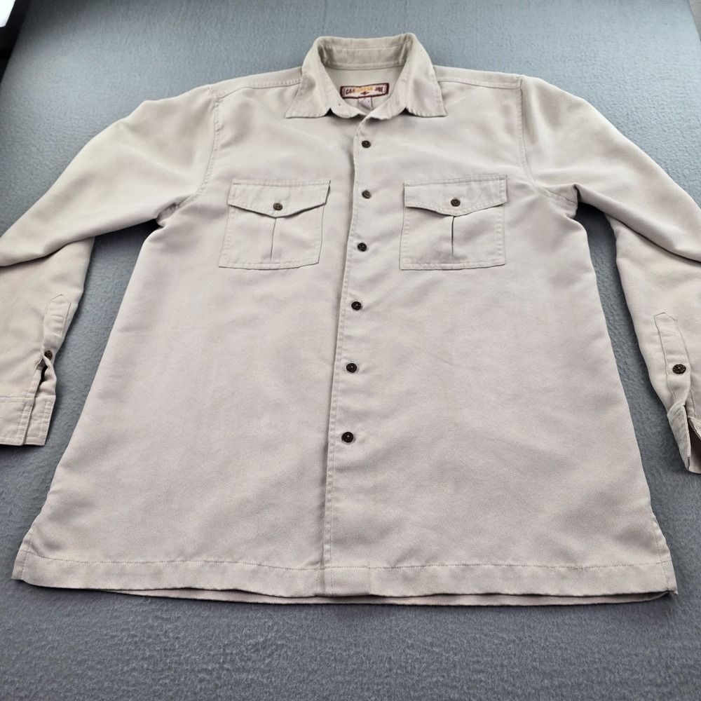 Caribbean Joe Shirt Mens Small Beige Pleated Long Sleeve Flap Pockets Button Up